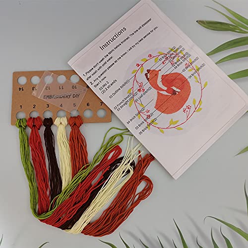 mopulo Embroidery Kit for Adults Beginners Starter Cross Stich Kit with Fox Pattern Stamped Embroidery Cloth Hoops Threads Needles Easy Handmade Needlepoint Kits,Fox