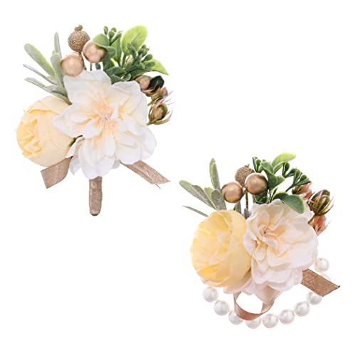 Campsis Wedding Corsage Boutonniere Champagne Rose Pearl Flower Wrist Corsage Groom Boutonniere Flower Decor Girls Bride Bridesmaid Lady for Prom and Dinner Party(2pcs)