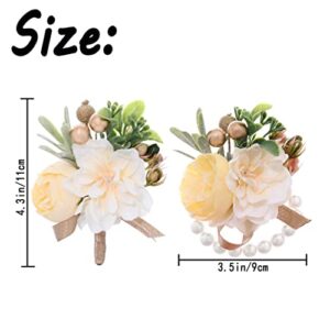 Campsis Wedding Corsage Boutonniere Champagne Rose Pearl Flower Wrist Corsage Groom Boutonniere Flower Decor Girls Bride Bridesmaid Lady for Prom and Dinner Party(2pcs)