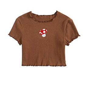 SOLY HUX Girl's Cartoon Embroidery Short Sleeve Tee Lettuce Trim Crop Top T Shirt Mushroom Brown 8Y