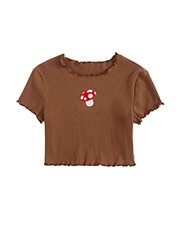 SOLY HUX Girl's Cartoon Embroidery Short Sleeve Tee Lettuce Trim Crop Top T Shirt Mushroom Brown 8Y