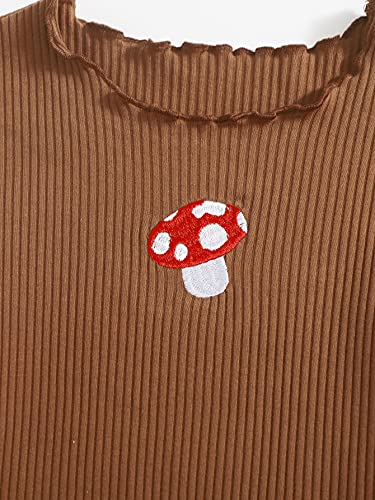 SOLY HUX Girl's Cartoon Embroidery Short Sleeve Tee Lettuce Trim Crop Top T Shirt Mushroom Brown 8Y