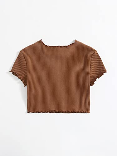 SOLY HUX Girl's Cartoon Embroidery Short Sleeve Tee Lettuce Trim Crop Top T Shirt Mushroom Brown 8Y