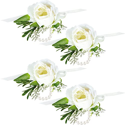 4 Pieces White Ivory Rose Wrist Corsage Boutonniere Wrist Corsage Artificial Rose Wrist Flowers Pearl Corsage Wristlet Artificial Bridesmaid Wrist Flowers for Women Bride Bridesmaid Party Prom Wedding