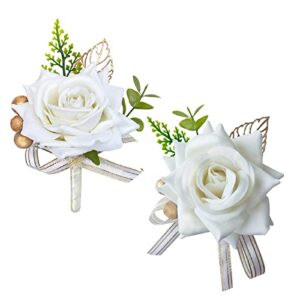 BASIMAN Boutonniere for Men Wedding White Rose Corsage Wristlet Band Bracelet for Women Bride Bridesmaid Wrist Corsage (2Pcs White Rose Set)