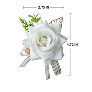 BASIMAN Boutonniere for Men Wedding White Rose Corsage Wristlet Band Bracelet for Women Bride Bridesmaid Wrist Corsage (2Pcs White Rose Set)