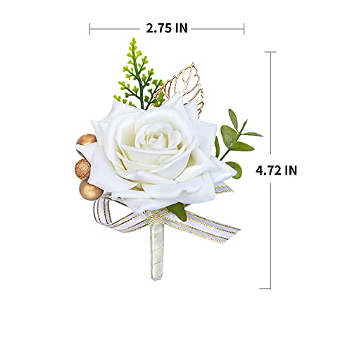 BASIMAN Boutonniere for Men Wedding White Rose Corsage Wristlet Band Bracelet for Women Bride Bridesmaid Wrist Corsage (2Pcs White Rose Set)