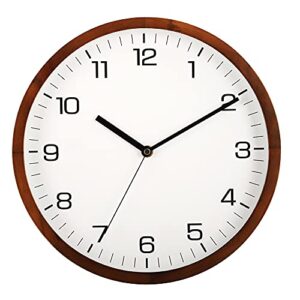 aromustime 12 inches round wooden wall clock battery operated silent non-ticking,metal pointer&glass cover, for office kitchen bedroom classroom&living room, brown