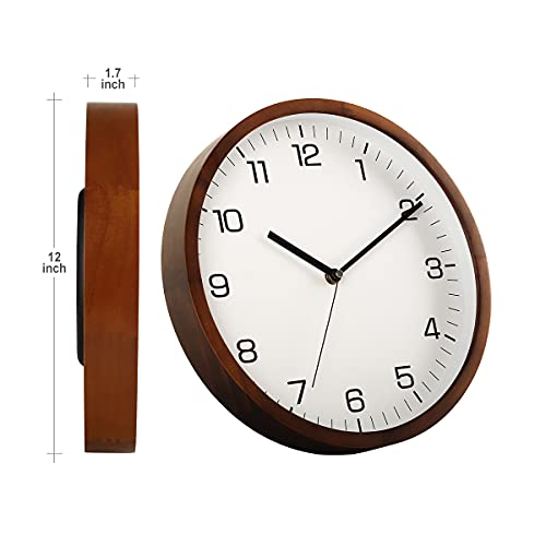 AROMUSTIME 12 Inches Round Wooden Wall Clock Battery Operated Silent Non-Ticking,Metal Pointer&Glass Cover, for Office Kitchen Bedroom Classroom&Living Room, Brown