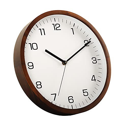 AROMUSTIME 12 Inches Round Wooden Wall Clock Battery Operated Silent Non-Ticking,Metal Pointer&Glass Cover, for Office Kitchen Bedroom Classroom&Living Room, Brown