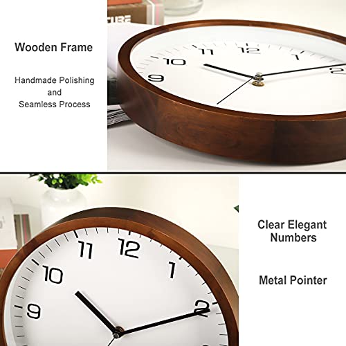 AROMUSTIME 12 Inches Round Wooden Wall Clock Battery Operated Silent Non-Ticking,Metal Pointer&Glass Cover, for Office Kitchen Bedroom Classroom&Living Room, Brown