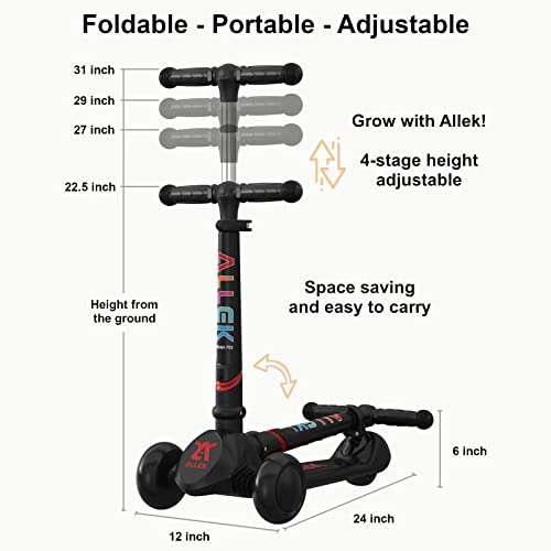 Allek Kick Scooter Foldable F02, 3-Wheel LED Flashing Glider and 4 Adjustable Height with Anti-Slip Thick Deck Push Scooter for Children 3-12yrs (Black)