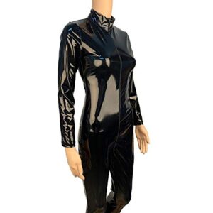 BERMEL Women's Bodysuit Shiny Patent Black PVC Leather CatSuit Full Body Sexy Latex Tight Zipper Jumpsuit Rubber Clothing (M)