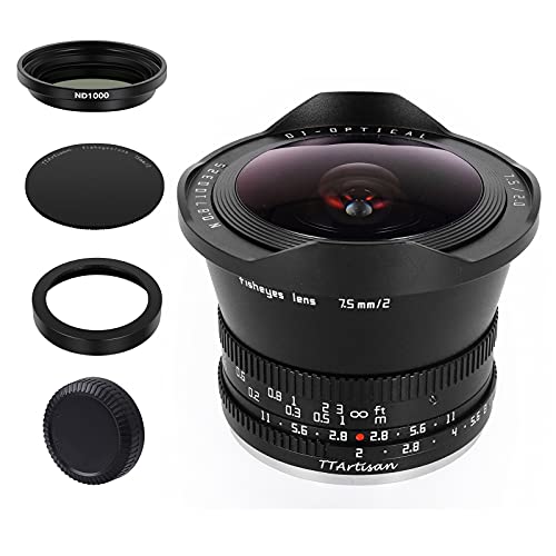 TTArtisan 7.5mm F2.0 APS-C Large Aperture Cameras Lens Fisheye Lens with ND 1000 Filter Compatible with Fuji X Mount Camera X-A1, X-A10, X-A2, X-A3, X-A5, X-A7, X-M1, X-M2, X-H1, X-T1, X-T10, X-T2