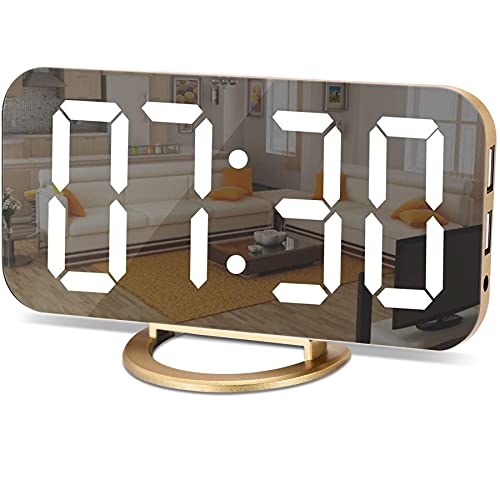 SZELAM Digital Alarm Clock,LED and Mirror Desk Clock Large Display,with Dual USB Charger Ports,3 Levels Brightness,12/24H,Modern Electronic Clock for Bedroom Home Living Room Office - Gold