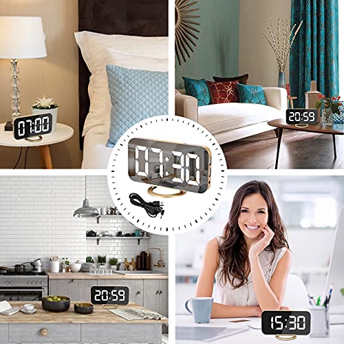 SZELAM Digital Alarm Clock,LED and Mirror Desk Clock Large Display,with Dual USB Charger Ports,3 Levels Brightness,12/24H,Modern Electronic Clock for Bedroom Home Living Room Office - Gold