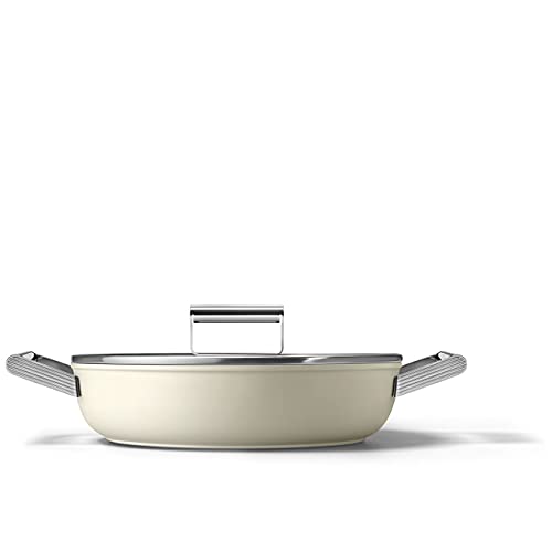 Smeg Cookware 11-Inch Cream Deep Pan with Lid, Large, Cream