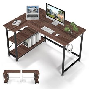 sunyesyo l shaped computer desk 47 in - small office home gaming desk with storage shelves - study writing corner table, reversible sturdy workstation, work pc desk, brown