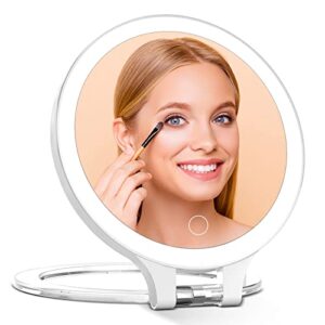 rechargeable magnifying makeup mirror 10x/1x double sided lighted travel makeup mirror with 3 color light adjustable rotation, led vanity tabletop portable desk cosmetic foldable mirror no bag