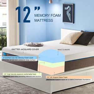 JINGWEI Queen Size Mattress, 12 inch Cooling-Gel Memory Foam Mattress Bed in a Box, Breathable Bed Mattress, 60" * 80"