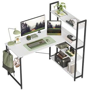 cubicubi computer corner desk with storage shelves, 47 inch small l shaped computer desk, home office writing desk with 2 hooks, white