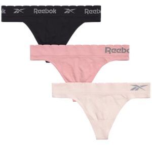 reebok women's underwear - seamless thong (3 pack), size x-large, black/rose pink/cream pink