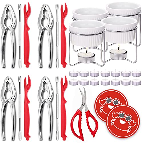 Luvan 33 Pcs Crab Crackers and Tools Set with 4 Crab leg Crackers, 4 Crab Forks, 4 Lobster Shellers, 4 Butter Warmers, 1 Seafood Scissors, 14 Tealight Candles and 2 Crab Grabbers - Seafood Tools Set