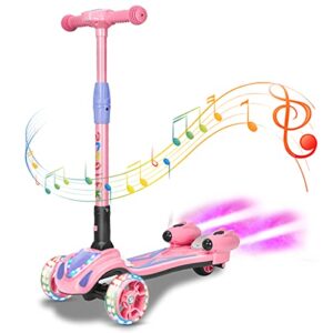 3 wheel scooter for kids, toddler scooter with bluetooth music speaker steam sprayer led lights aluminum alloy t-bar, folding 3 wheel scooter for boys girls ages 3-10 (pink)