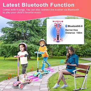 3 Wheel Scooter for Kids, Toddler Scooter with Bluetooth Music Speaker Steam Sprayer LED Lights Aluminum Alloy T-Bar, Folding 3 Wheel Scooter for Boys Girls Ages 3-10 (Pink)