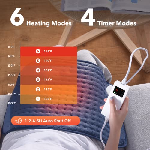 Heating Pad, Toberto Electric Heating pad for Back Pain Relief Muscle Cramps Ultra Soft 12"x24" Large Heated Pad with 6 Heat Settings 4 Timer Auto Shut Off Navy Blue