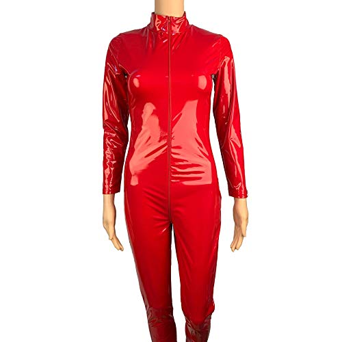 BERMEL Women's Bodysuit Shiny Patent Red PVC Leather Catsuit Full Body Sexy Latex Tight Zipper Jumpsuit Rubber Clothing (M)