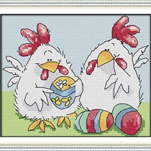 Cross Stitch Kits Stamped, OWN4B Easter Egg Chicken Printed Pattern 11CT 9.8x8.3 inch DIY Embroidery Kit (Chicken)