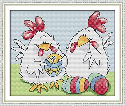 Cross Stitch Kits Stamped, OWN4B Easter Egg Chicken Printed Pattern 11CT 9.8x8.3 inch DIY Embroidery Kit (Chicken)