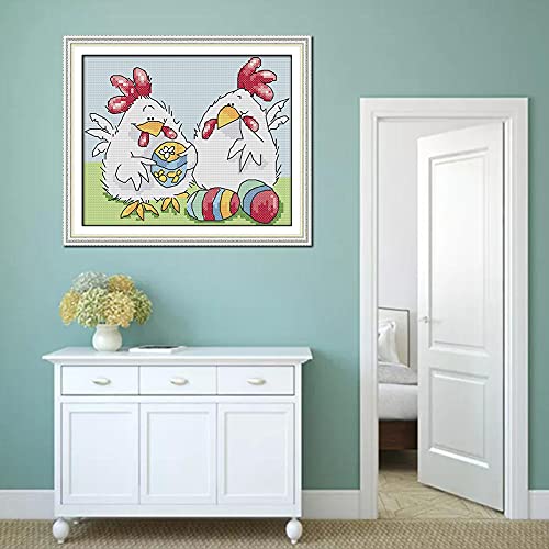 Cross Stitch Kits Stamped, OWN4B Easter Egg Chicken Printed Pattern 11CT 9.8x8.3 inch DIY Embroidery Kit (Chicken)
