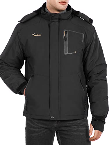 Sportneer Men Waterproof Ski Jackets: Winter Spring Warm Snow Coats Windbreaker Hooded Raincoat Jacket Black L