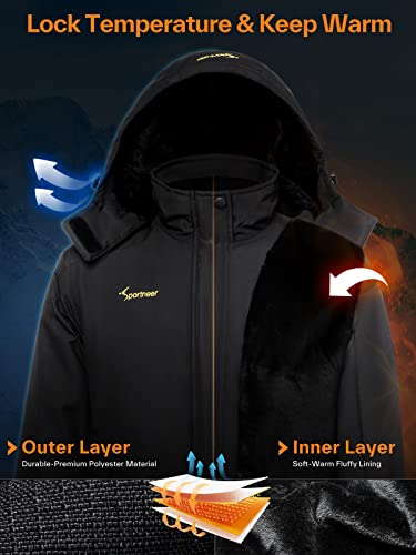 Sportneer Men Waterproof Ski Jackets: Winter Spring Warm Snow Coats Windbreaker Hooded Raincoat Jacket Black L