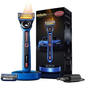 gillette heated razor for men, bugatti limited edition shave kit by gillettelabs, 1 handle, 2 razor blade refills, 1 cleaning cloth, 1 charging dock