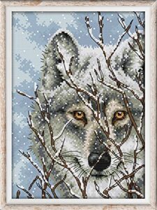 amiiba stamped cross stitch kits, snow animal wolf branch wood diy 11ct 10.6x15.3 inch (wolf)