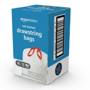 Amazon Basics Tall Kitchen Drawstring Trash Bags, 13 Gallon, Unscented, 45 Count (Previously Solimo), White