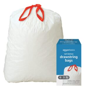 Amazon Basics Tall Kitchen Drawstring Trash Bags, 13 Gallon, Unscented, 45 Count (Previously Solimo), White