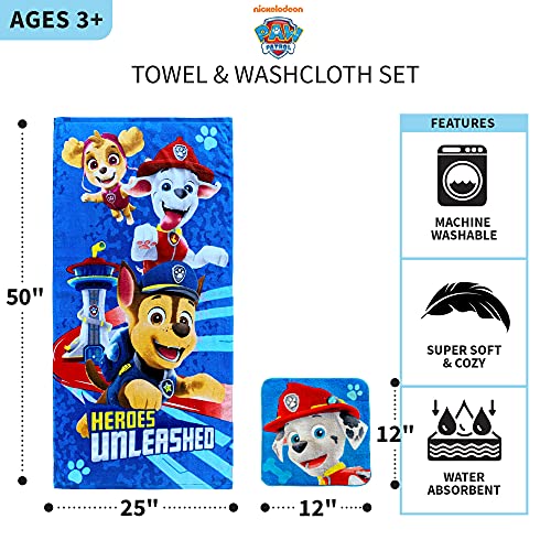 Franco Paw Patrol Kids Bath/Pool/Beach Soft Cotton Terry Towel with Washcloth 2 Piece Set, 50 in x 25 in