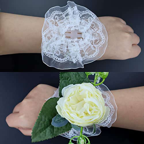 LEEFONE Pack of 10 Elastic Pearl Wrist Corsage Bands Wristlets DIY Wrist Corsages Accessories for Bride Flowers Prom Beach Party Supplies (White Lace)