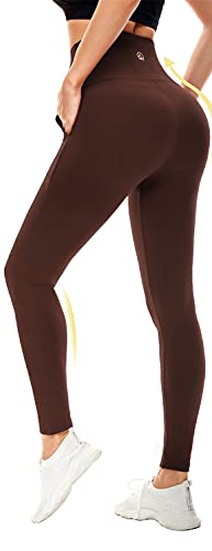 Aoliks Leggings with Pockets for Women - Yoga Pants with Pockets,Buttery Soft High Waist Tummy Control Non See Through Workout Pants (Brown, Large-X-Large)