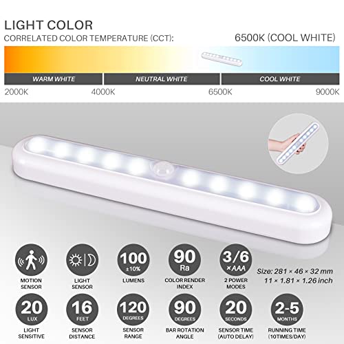 11inch Motion Sensor Light Indoor, STAR-SPANGLED Stick on Lights Battery Powered, Closet Lights Motion Activated Operated, LED Night Stair Lights for Under Cabinet, Hallway, Kitchen(Cool White, 2Pack)