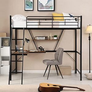 stp-y bunk bed, black, alloy loft bed with l-shaped desk and shelf made of heavy-duty steel. perdurable. need to assemble the mattress. recommended 6"-8"