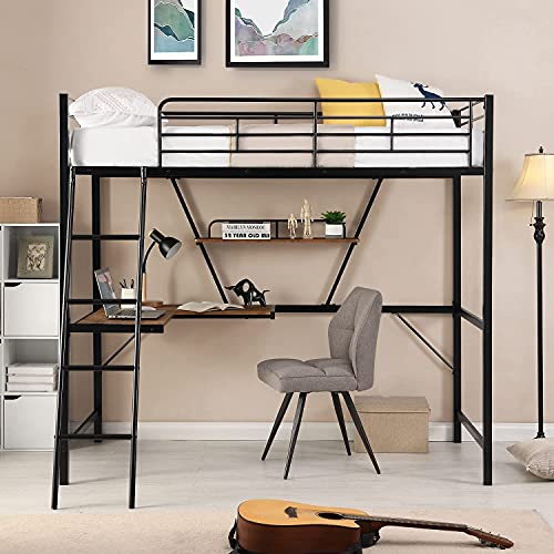 STP-Y Bunk Bed, Black, Alloy Loft Bed with L-Shaped Desk and Shelf Made of Heavy-Duty Steel. Perdurable. Need to Assemble The Mattress. Recommended 6"-8"