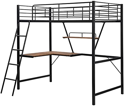 STP-Y Bunk Bed, Black, Alloy Loft Bed with L-Shaped Desk and Shelf Made of Heavy-Duty Steel. Perdurable. Need to Assemble The Mattress. Recommended 6"-8"