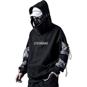 xyxiongmao streetwear techwear hoodie cyberpunk tactical mens black urban hip hop japanese sweatshirt(black,l)