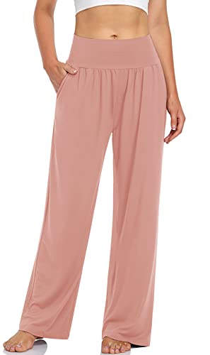 UEU Women's Casual Loose Wide Leg Cozy Pants Yoga Sweatpants Comfy High Waisted Sports Athletic Lounge Pants with Pockets (Dusty Pink, Small)