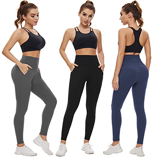 NEW YOUNG 3 Pack Leggings with Pockets for Women,High Waisted Tummy Control Workout Yoga Pants(3 Pack-Black/Navy/Grey, Large-X-Large)